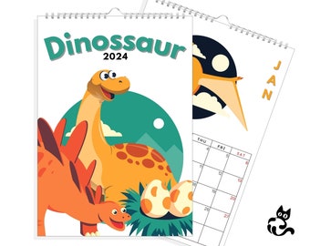 Dinossaur 2024 - Kids Calendar - 2024 Calendar, Dinossaurs illustrations, 12 Months, A4, A5 and A6 Available