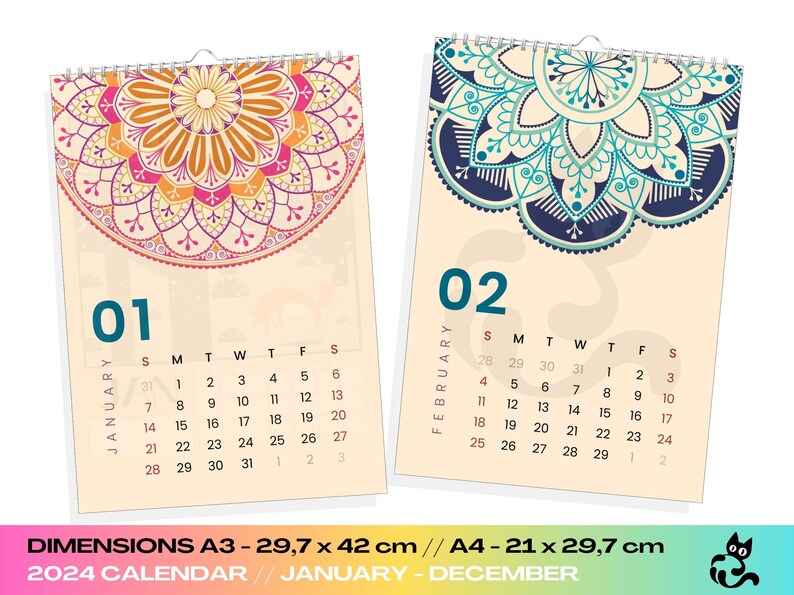 Mandalas 2024 Calendar Mandalas Designs, 12 Months, A4, A5 and A6 ...