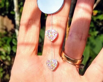 Mirror Sun Catcher with Shimmering Heart Accents for Outside Hanging Garden Decor and Inside Window Light Reflector