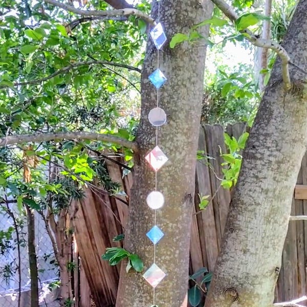 Mirror Sun Catcher Blue Accent Longer Hanging Garden Decor or Indoor Window Light Catcher