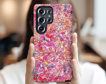 Samsung S26 Ultra S25 S24 S23 S22 Ultra Plus Case | Vibrant Watercolor Pink Floral | Tough Protective Phone Cover