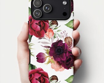 iPhone 17 16 15 14 13 12 Pro Max Plus Case | Burgundy Watercolor Floral | Tough Protective Phone Cover