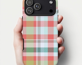 Mint Coral Plaid iPhone Case iPhone 17 16 15 14 13 12