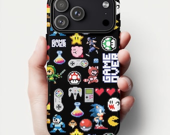 Retro Gaming Characters Case for iPhone 17 Pro Max 17 Pro - Classic 80s 90s Video Game Mashup - Tough MagSafe Cover for iPhone 16 15 14