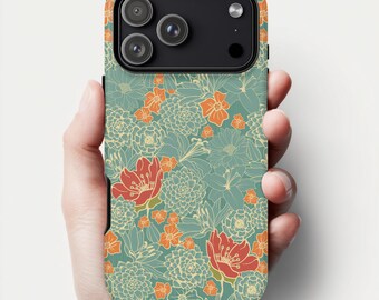Antique Floral iPhone Case - Vintage Sage Green & Coral Clear Tough Case for iPhone 17 16