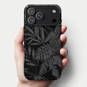 iPhone 17 16 15 14 13 12 Pro Max Plus Case | Monochrome Tropical Leaf Design | Tough Protective Phone Cover
