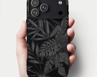 iPhone 17 16 15 14 13 12 Pro Max Plus Case | Monochrome Tropical Leaf Design | Tough Protective Phone Cover