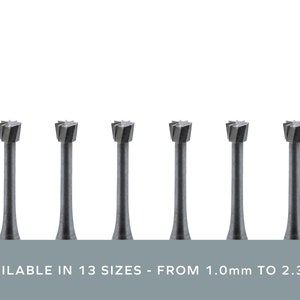May include: Six silver-coloured, cylindrical, rotary burrs with a star-shaped tip. AVAILABLE IN 13 SIZES - FROM 1.0mm TO 2.3mm
