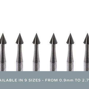 May include: Six silver-coloured, pointed, diamond-shaped burrs, available in nine sizes from 0.9mm to 2.7mm.
