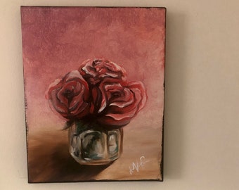 Pintura al óleo original de flor de rosa sobre lienzo estirado