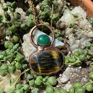 Tiger’s Eye and Malachite Copper Electroformed Pendant Necklace // Brown and Green Striped Gemstone Statement Necklace