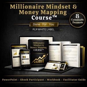 May include: Promotional image for a "Millionaire Mindset & Money Mapping Course." The image shows a laptop, tablet, and smartphone displaying financial charts. A book with the course title is centered, with open workbooks and documents. The text includes "Done-For-You" and "PLR WHITE LABEL."