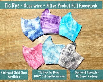 Tie Dye Full Facemask w/ Nose Wire Adjustable Earloop, Hand Dyed 100% Cotton Filter Pocket, Adult Child Mask, Resusable