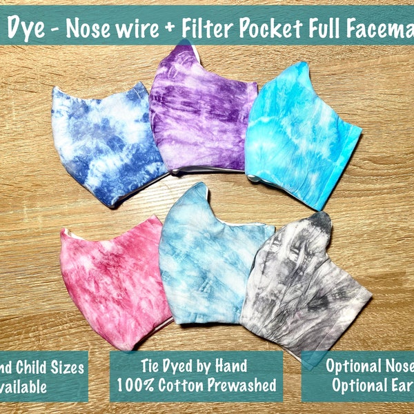 Tie Dye Full Facemask w/ Nose Wire Adjustable Earloop, Hand Dyed 100% Cotton Filter Pocket, Adult Child Mask, Resusable