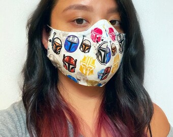 S t a r Wars and Man dalorian Full Facemask w/ Nose Wire Adjustable Earloop, 100% Cotton, Filter Pocket, Adult Child Mask, Resusable