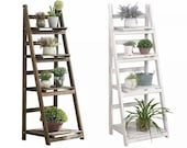 Rustic White Brown Wooden Flower Pot Plant Stand 4 Tier Display Rack Ladder Shelf Shelves Organizer Garden
