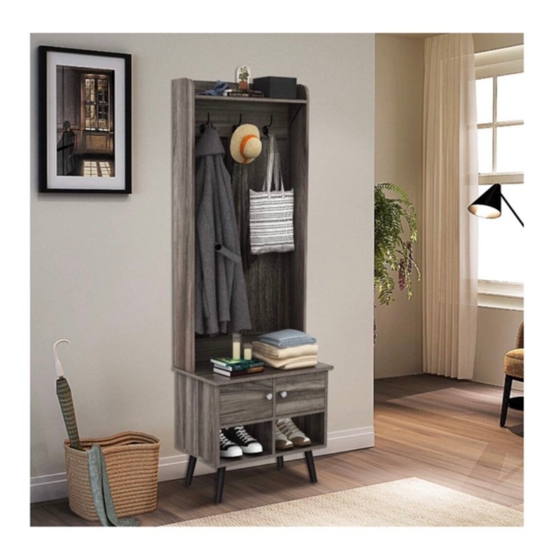 Grey Black Hall Tree Hall Bench with Storage Shelf Mid Etsy