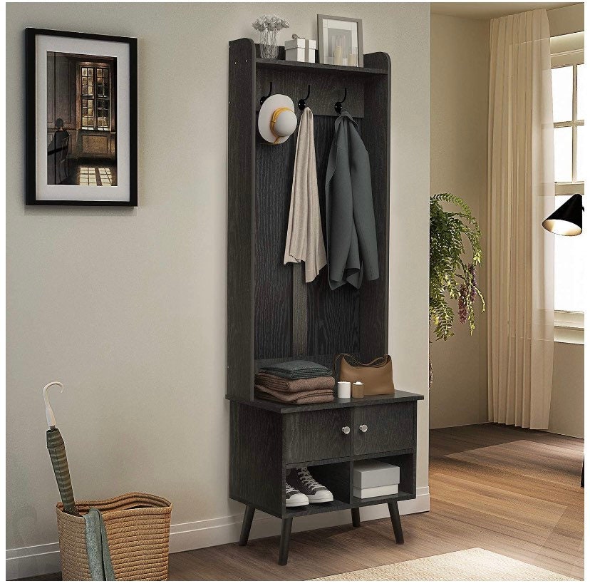 Grey Black Hall Tree Hall Bench with Storage Shelf Mid Etsy