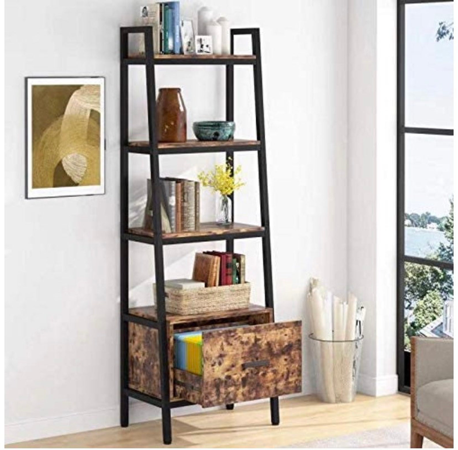 Ladder Shelf with File Drawer 70.8 inch Tall Bookshelf 4Tier Etsy