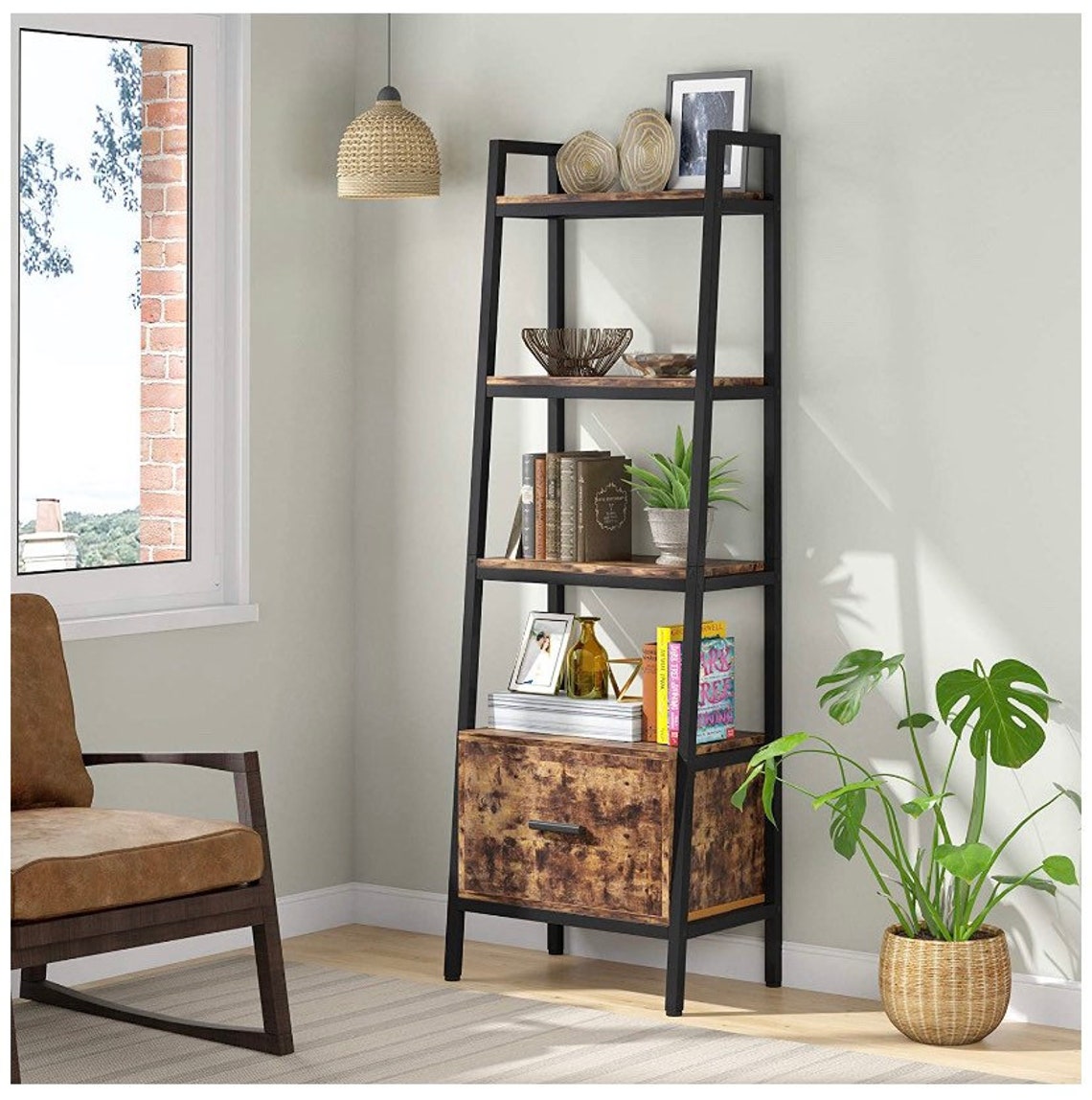 Ladder Shelf with File Drawer 70.8 inch Tall Bookshelf 4Tier Etsy