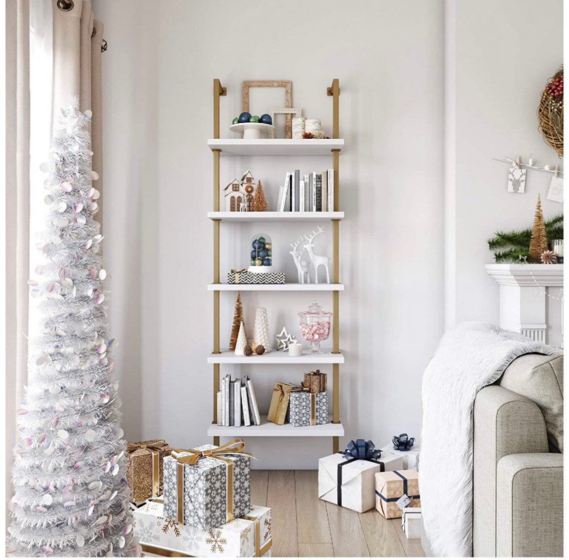 5Tier Industrial White Gold Ladder Shelf Against The Wall Etsy
