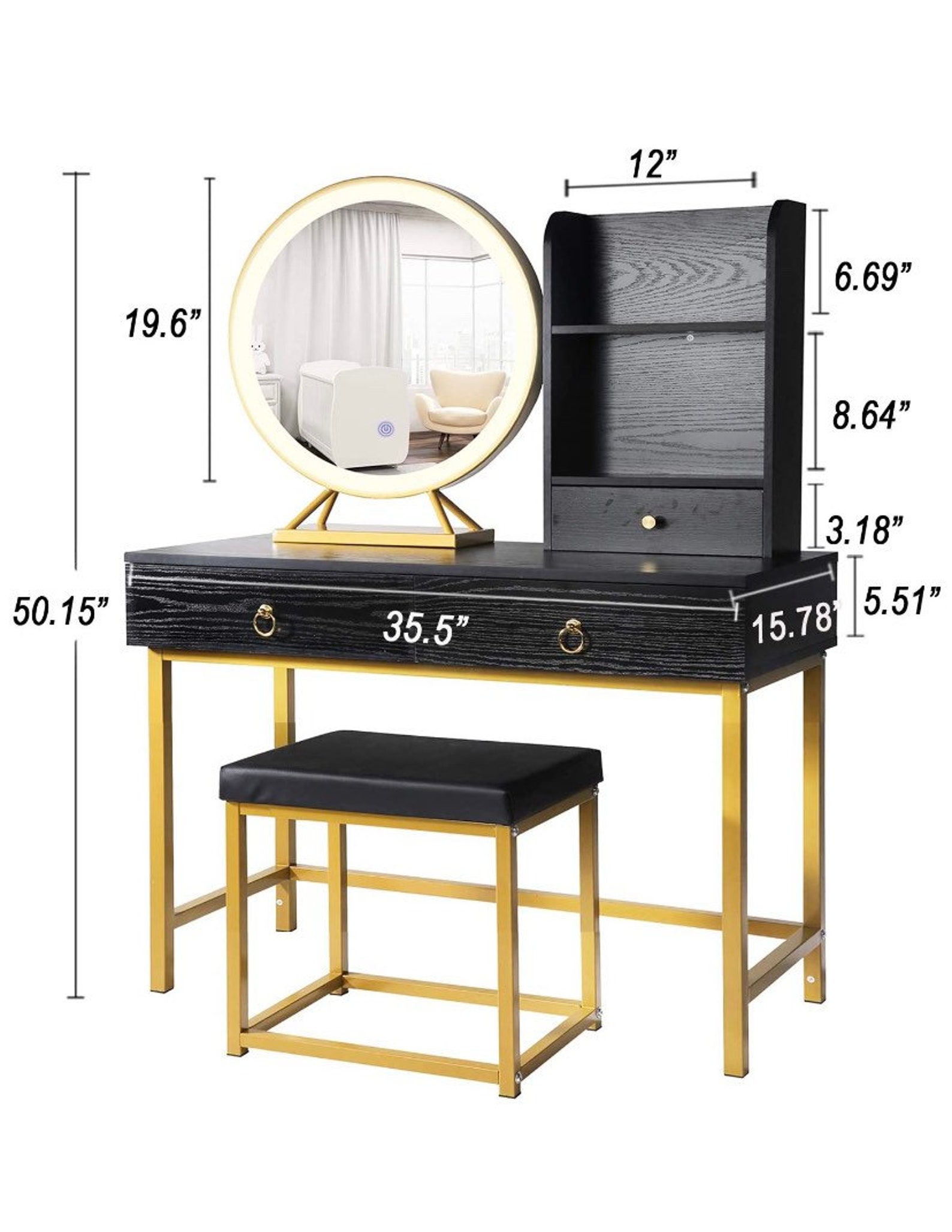 Black Gold Vanity Set with Lighted Dimming Mirror Makeup Etsy