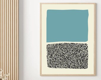 Mid Century Modern Abstract Art Print, Blue Black Wall Decor