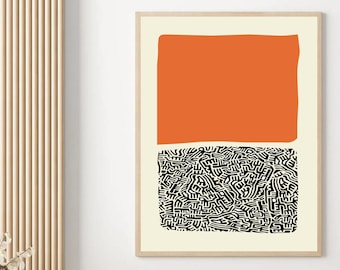 Mid Century Modern, Abstract Wall Art Print, Orange Black, Abstract Print,  Mid Century Print, Digital Prints