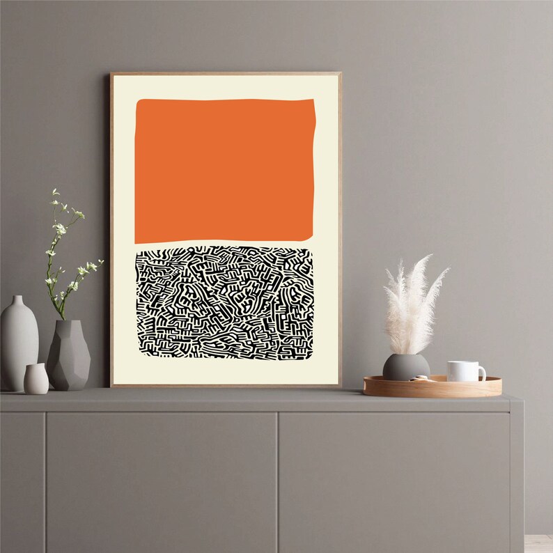 Mid Century Modern, Abstract Wall Art Print, Orange Black, Abstract ...