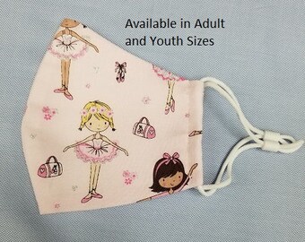 Ballerina Face Mask, In Stock, Free Shipping, Ships in 1 Day, 2 Layers of Pure Cotton, Adult or Petite Size, Adjustable Ear Elastics