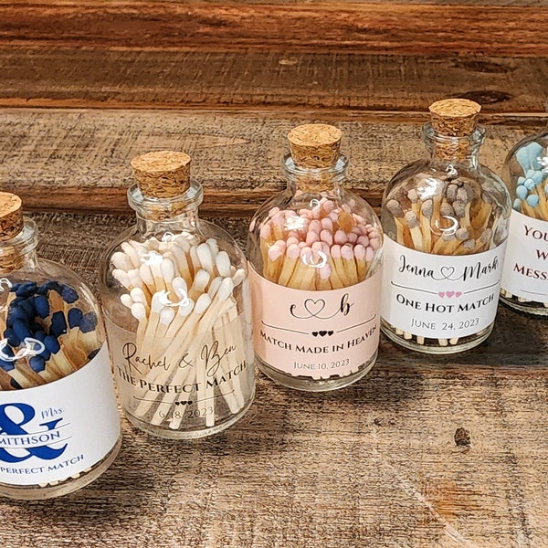 Wedding and Bridal Shower Favors | Custom Bridal Matchstick Apothecary Jar Favors | Bridesmaid Proposal Box Favors | Bulk Matchstick Bottles