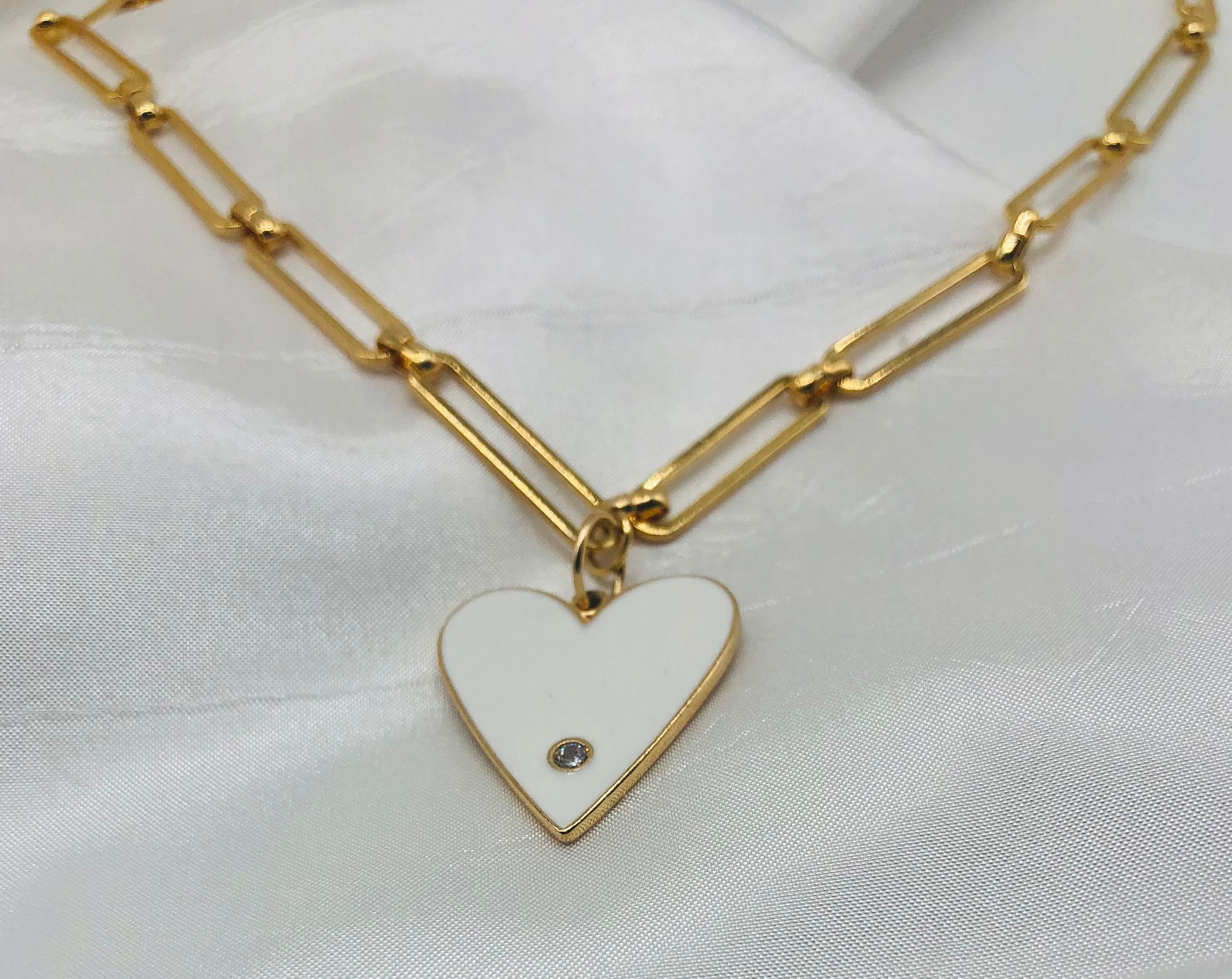 Heart Necklace Gold Filled Paper Clip Chain Enamel Heart Etsy