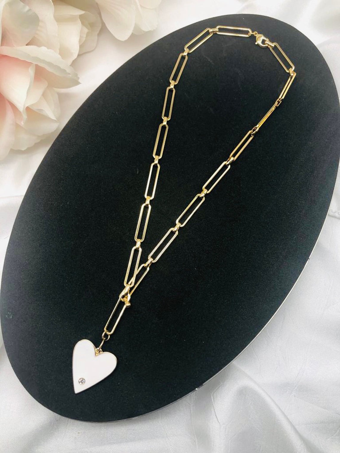 Heart Necklace Gold Filled Paper Clip Chain Enamel Heart Etsy