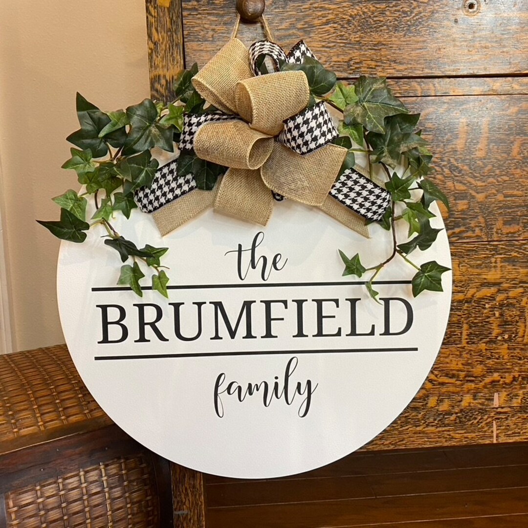 Family Name Door Hanger, 18" Wood Round Door Hanger, Eucalyptus or Ivy ...