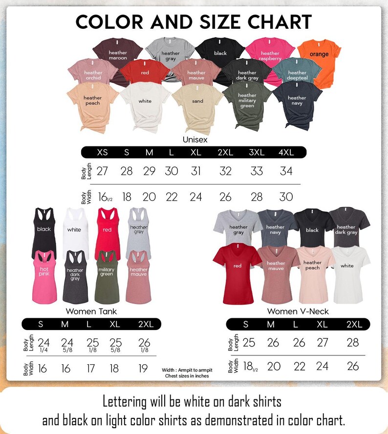 a women's t - shirt size chart with different colors and sizes