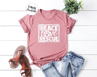 Peace Love Rescue T-Shirt, Dog Paw Print, Animal Rescue Tee