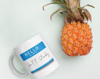 Hello My Name Is Gus T.T Showbiz Name Tag, Psych, Psych Tv Show, Burton Guster Nickname, Funny Psych, White Ceramic Coffee Cup Mug