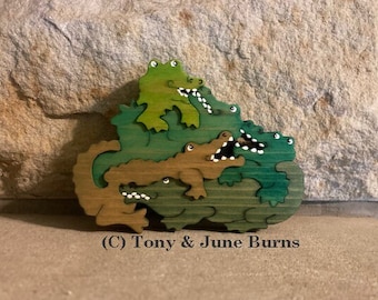 Crocodile Pile , Art Puzzle   , 3-D ,Handmade Wood Puzzle Made in the USA  , Alligator Puzzle , gator puzzle , Crocodile puzzle , June burns
