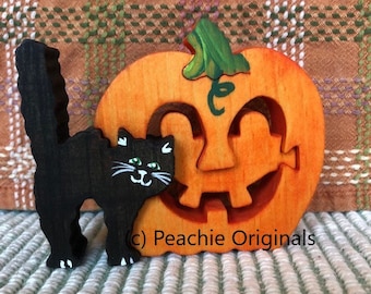 Cat with Pumpkin , Handmade , Art Puzzle , Made in the USA , 3-D , Cat Puzzle , Halloween Puzzle , wood puzzle , holiday puzzle , June