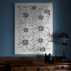 Dahlia Print,Digital floral wall art,digital botanical print,dahlia wall art,botanical black and white print,black and white flowers,dahlia