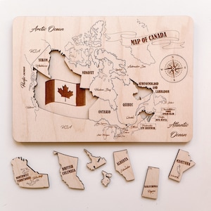 Kaart van Canada puzzel, houten puzzel, montessori, hulpmiddelen voor thuisonderwijs, lasercut