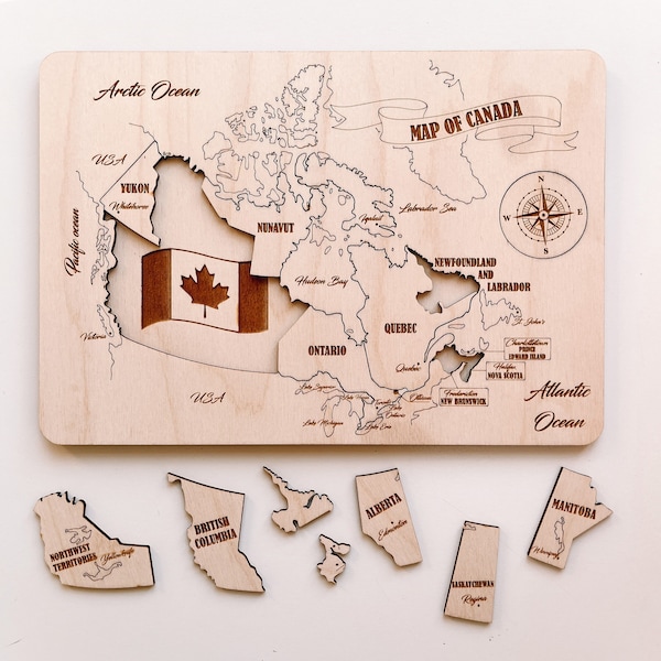 Map of Canada Puzzle, Wooden Puzzle, Montessori, Homeschooling Resources, Lasercut