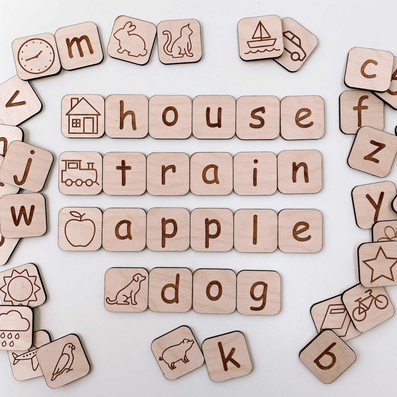 Alphabet Tiles With Pictures Letter Tiles Spelling Game Etsy