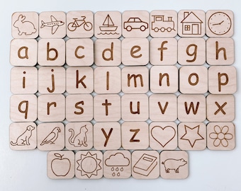 Alphabet tiles with Pictures, Letter Tiles, Spelling Game, Learning Resources, Homeschooling, Montessori