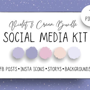 May include: A social media kit with 70 pieces in a violet and cream colour scheme. The kit includes Facebook posts, Instagram icons, stories, and backgrounds.