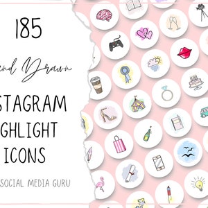 May include: 185 hand-drawn Instagram highlight icons in a variety of colors and styles. The icons are arranged in a grid pattern on a pink background. The text "Your Social Media Guru" is at the bottom of the image.