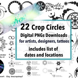 Puede incluir: Una descarga digital de 22 diseños de círculos de cultivo en blanco y negro. Los diseños están trazados con Illustrator y compilados por JJ. El texto "New 22 Crop Circles Digital PNGs Downloads for artists, designers, tattoos includes list of dates and locations" se muestra sobre un fondo azul. El texto "traced with illustrator & compiled by JJ" se muestra en la parte inferior izquierda de la imagen. El texto "IG @cropcirclesart Etsy thecropshop7" se muestra en la parte inferior derecha de la imagen.