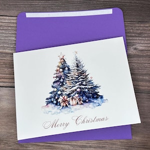 Kerstkaart, vrolijke kerstkaart, blanco kerstkaart, kerstboomkaarten, elegante kerstkaarten, paarse kerstkaarten, blanco kerstkaarten