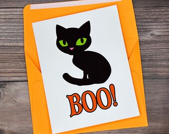 Halloween Card, Black Cat Boo Card, Boo Halloween Card, Happy Halloween Card, Halloween Card for Kids or Adults, Blank Halloween Card