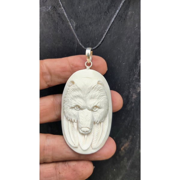 Bone Bear and Feathers Pendant, Hand Carved Bear Necklace
